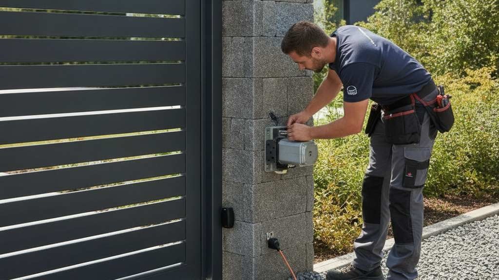 Installateur réglant un moteur à bras sur un pilier de portail aluminium