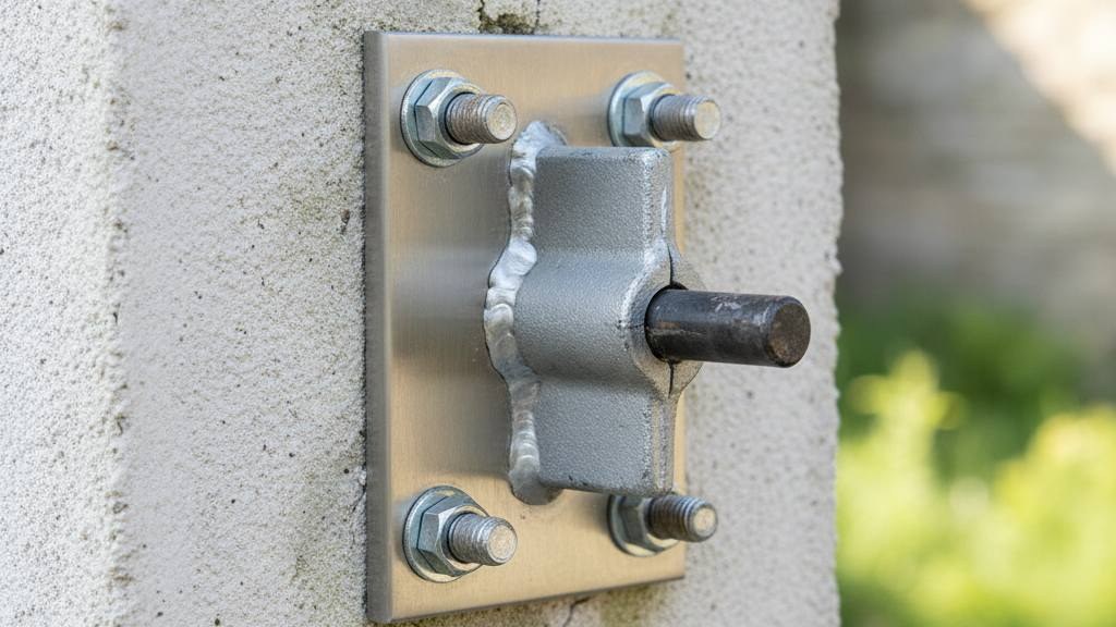 Détail de la platine de fixation et du scellement chimique sur un pilier de portail