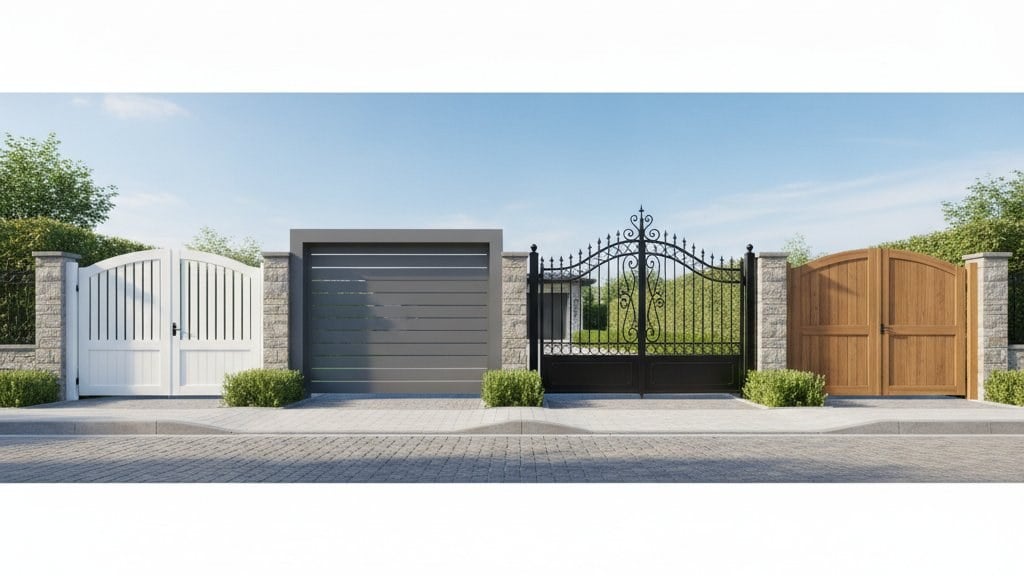 Comparatif visuel des matériaux de portail : aluminium, PVC, acier et bois