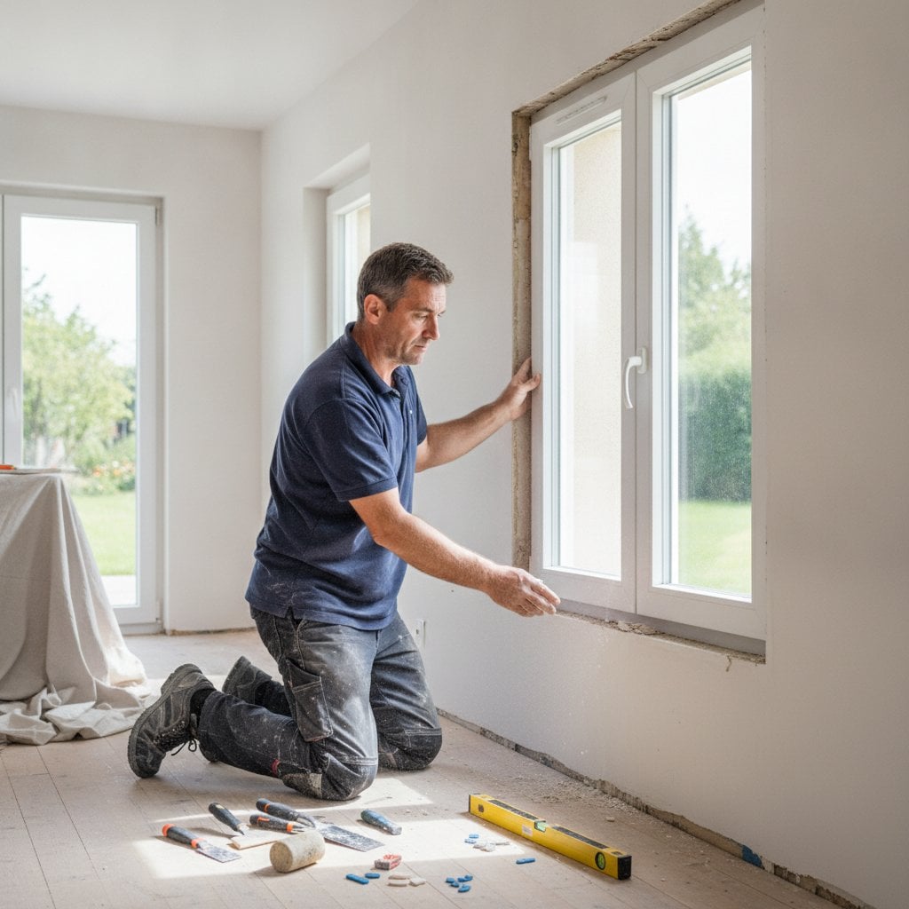 Installateur posant une fenêtre double vitrage PVC dans une maison en rénovation