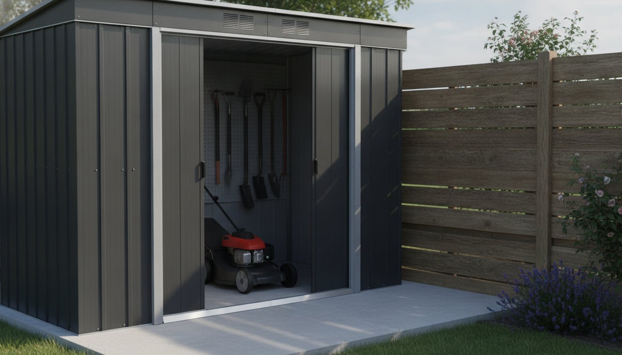 Abri de jardin métal anthracite de 9 m² avec portes coulissantes, posé sur dalle béton dans un jardin français