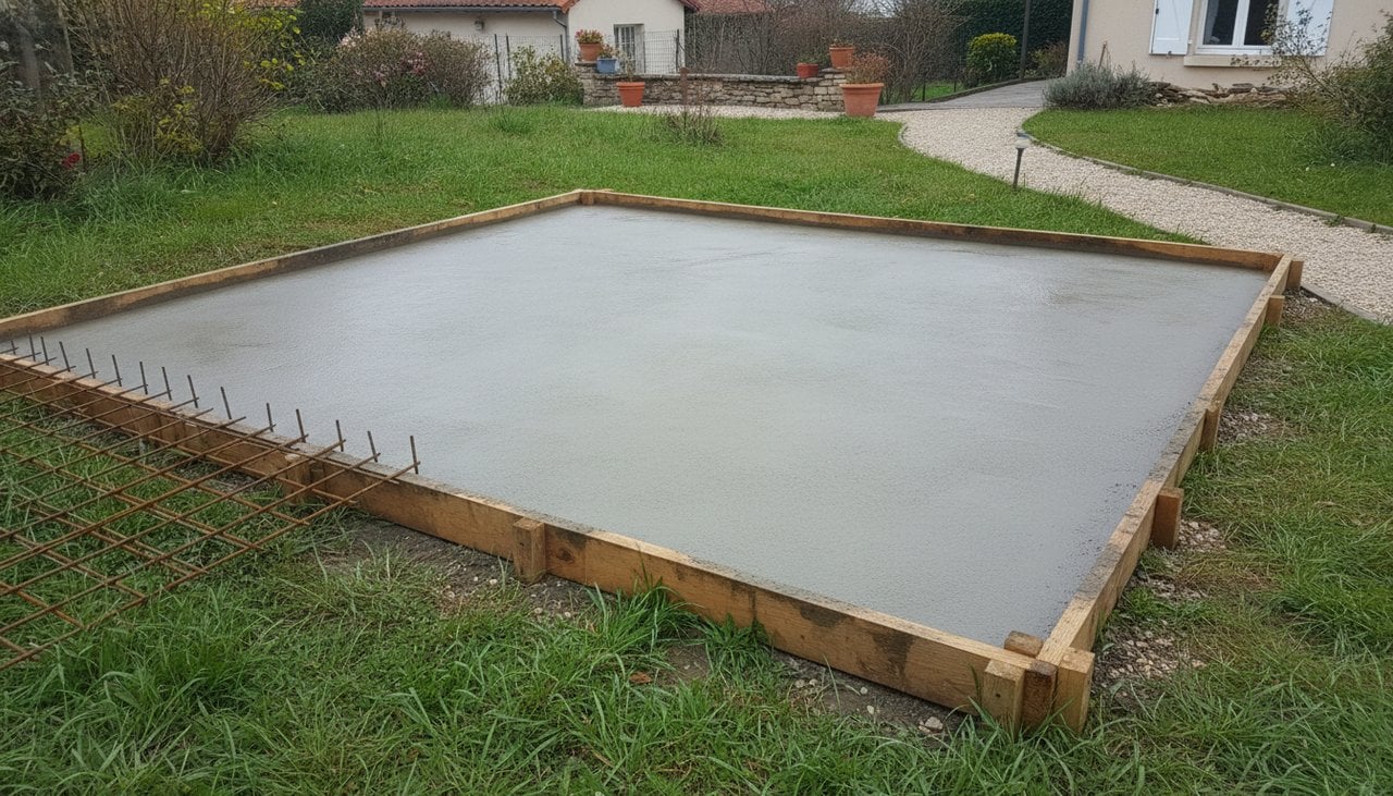 Dalle béton fraîchement coulée de 3 mètres sur 3 avec coffrage bois et treillis, prête à recevoir un abri de jardin