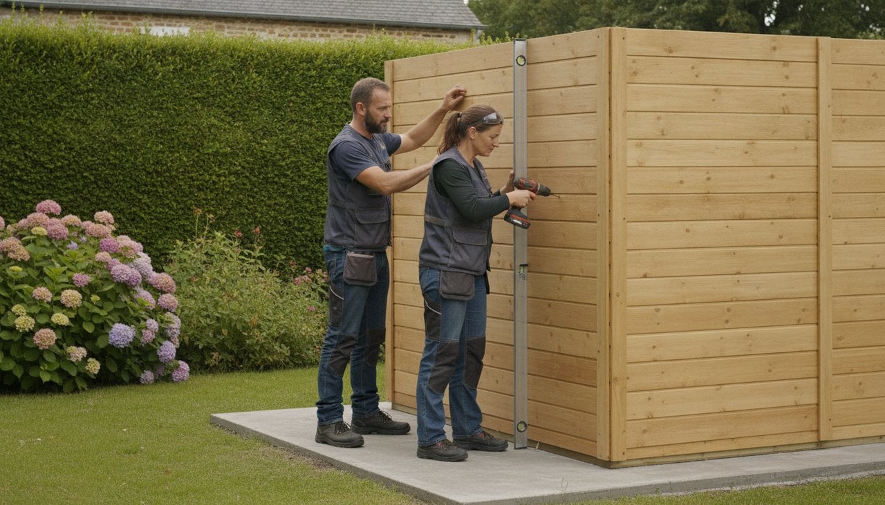 Deux artisans assemblant les madriers d'un abri de jardin en bois de 9 m² sur une dalle béton