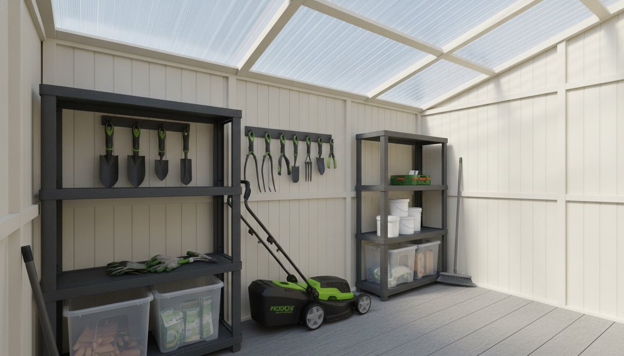 Intérieur aménagé d'un abri de jardin en résine avec étagères