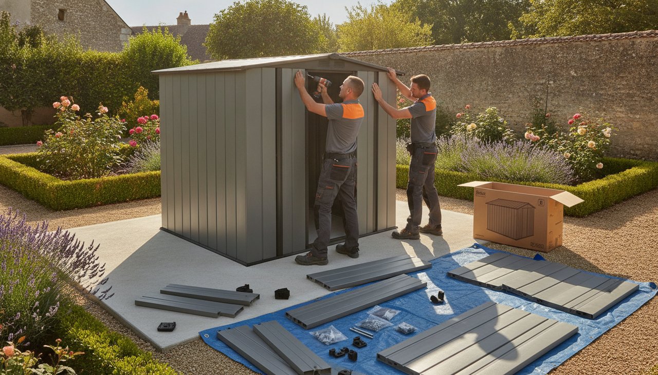 Montage d'un abri de jardin en résine sur dalle béton