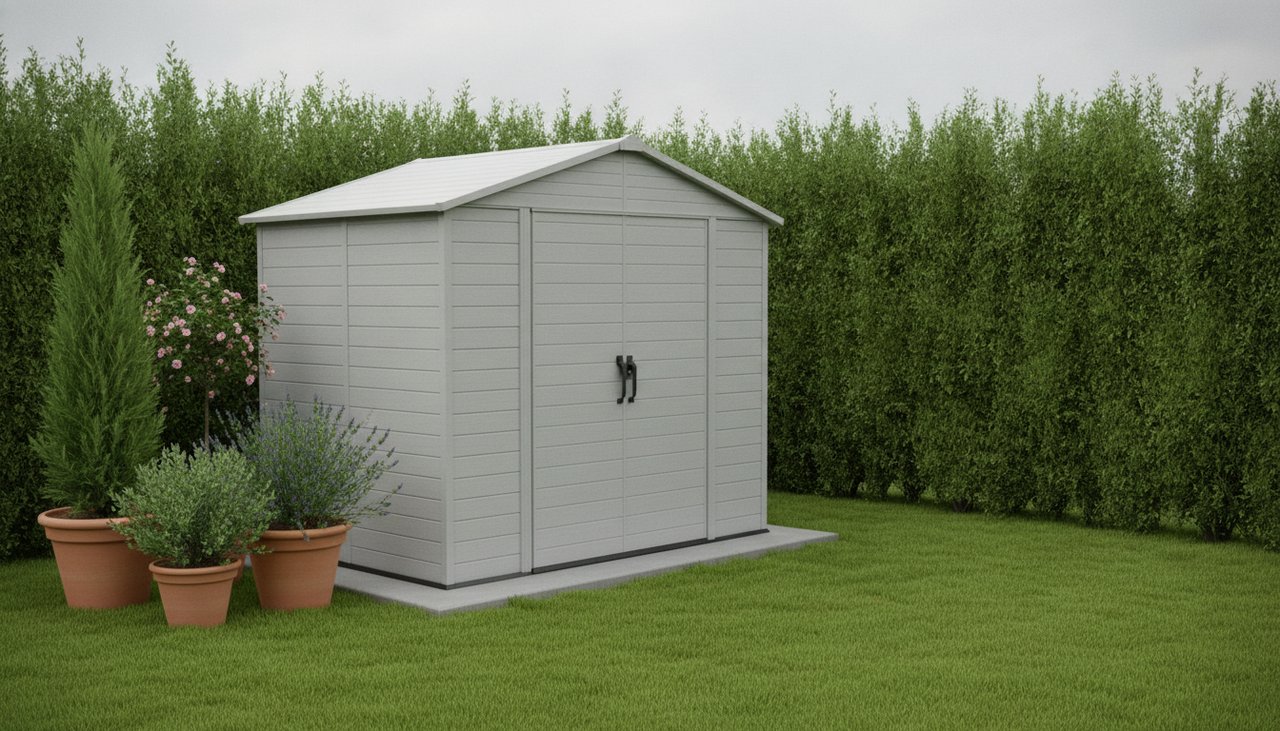Abri de jardin en résine Castorama installé dans un jardin