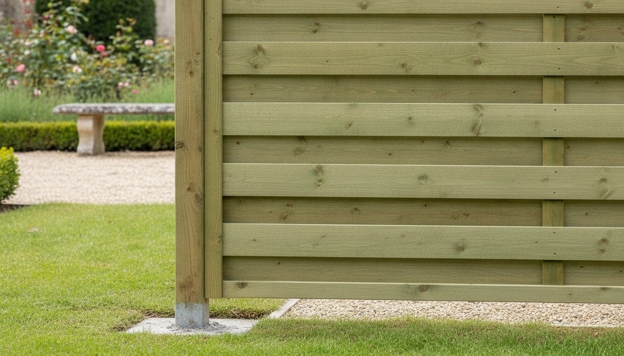 Panneau brise-vue bois occultant en pin traité posé entre poteaux dans un jardin
