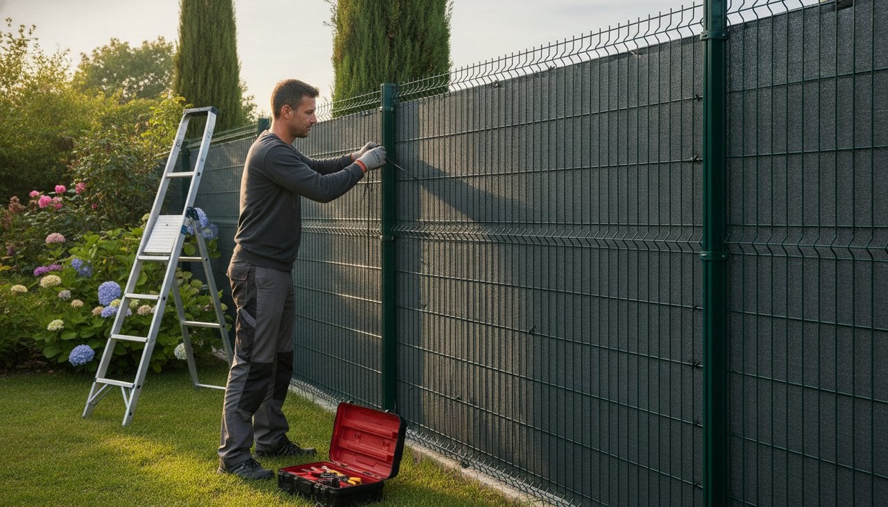 Artisan clôturiste fixant une toile brise-vue sur un grillage rigide avec des colliers