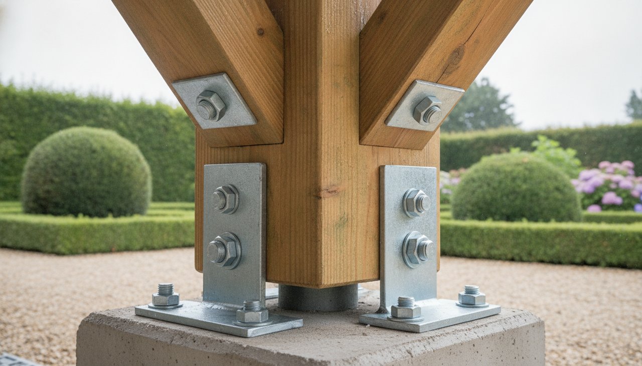 Détail d'un pied de poteau de carport bois fixé sur un plot béton par un sabot galvanisé