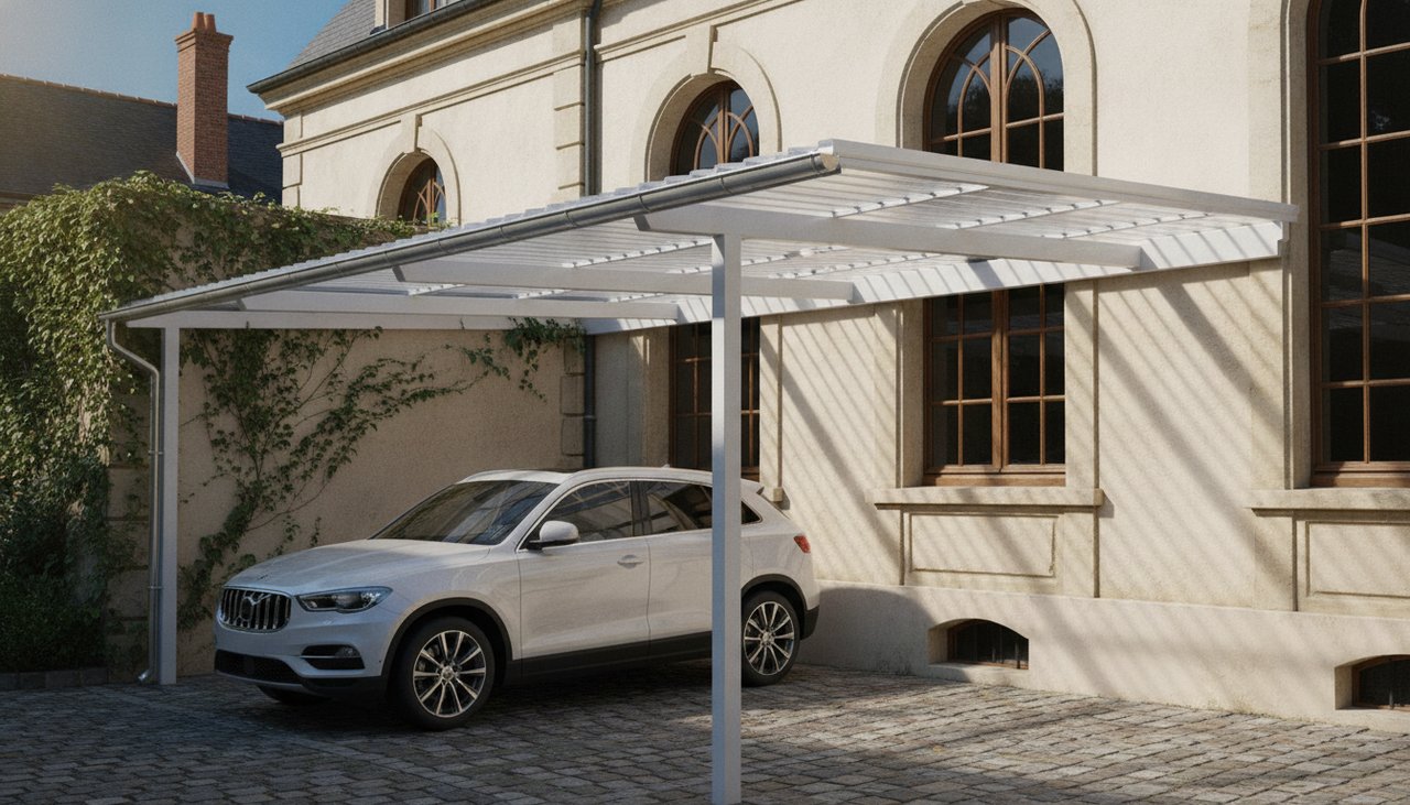 Carport aluminium adossé à une maison avec toiture en polycarbonate transparent