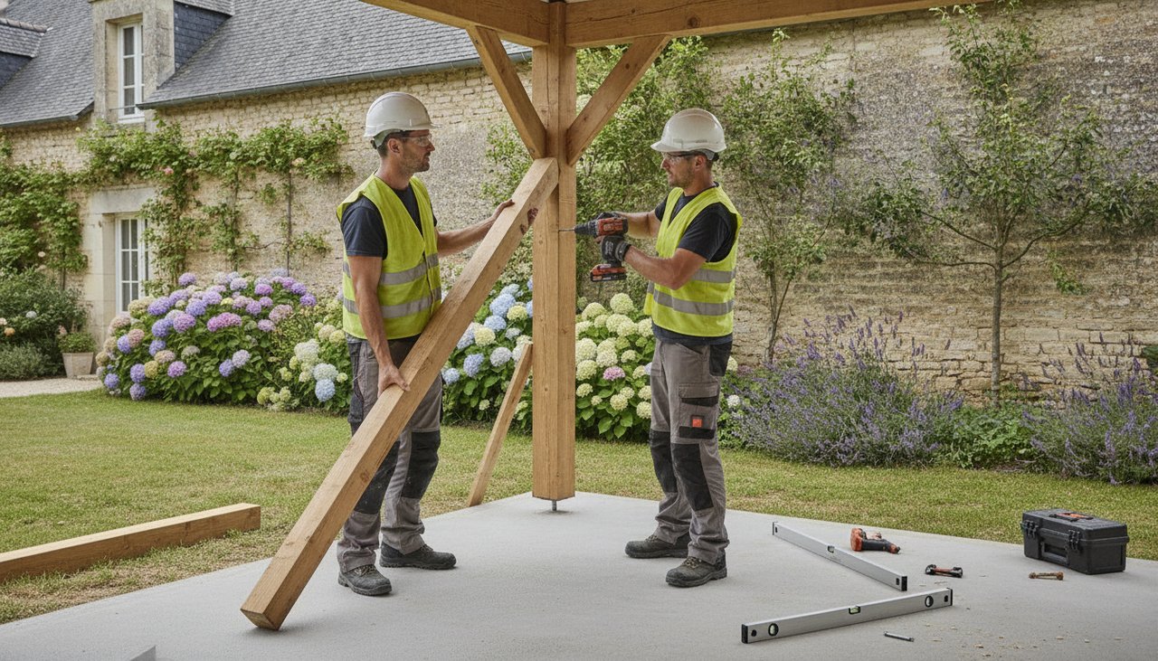 Deux artisans assemblant la structure d'un carport en bois sur une dalle béton