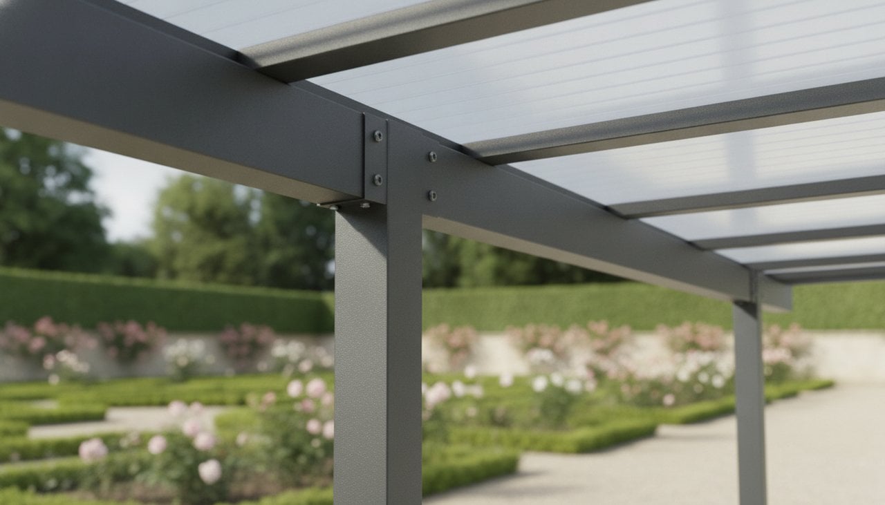 Carport aluminium anthracite toit plat avec toiture polycarbonate, gros plan sur la structure