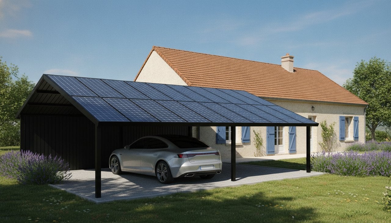 Carport solaire en aluminium noir avec panneaux photovoltaïques sur le toit devant une maison française