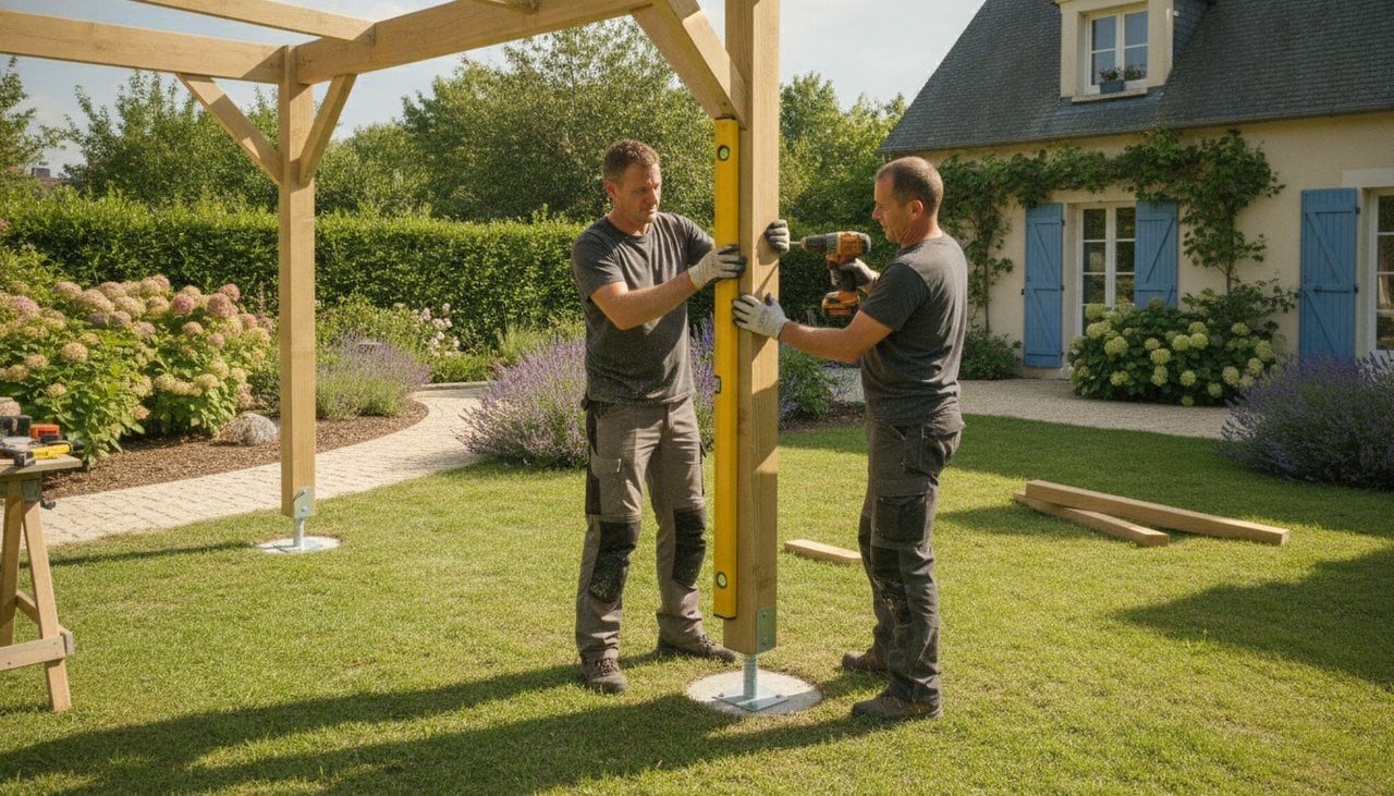 Deux artisans montent la structure bois d'un carport en kit sur des plots béton