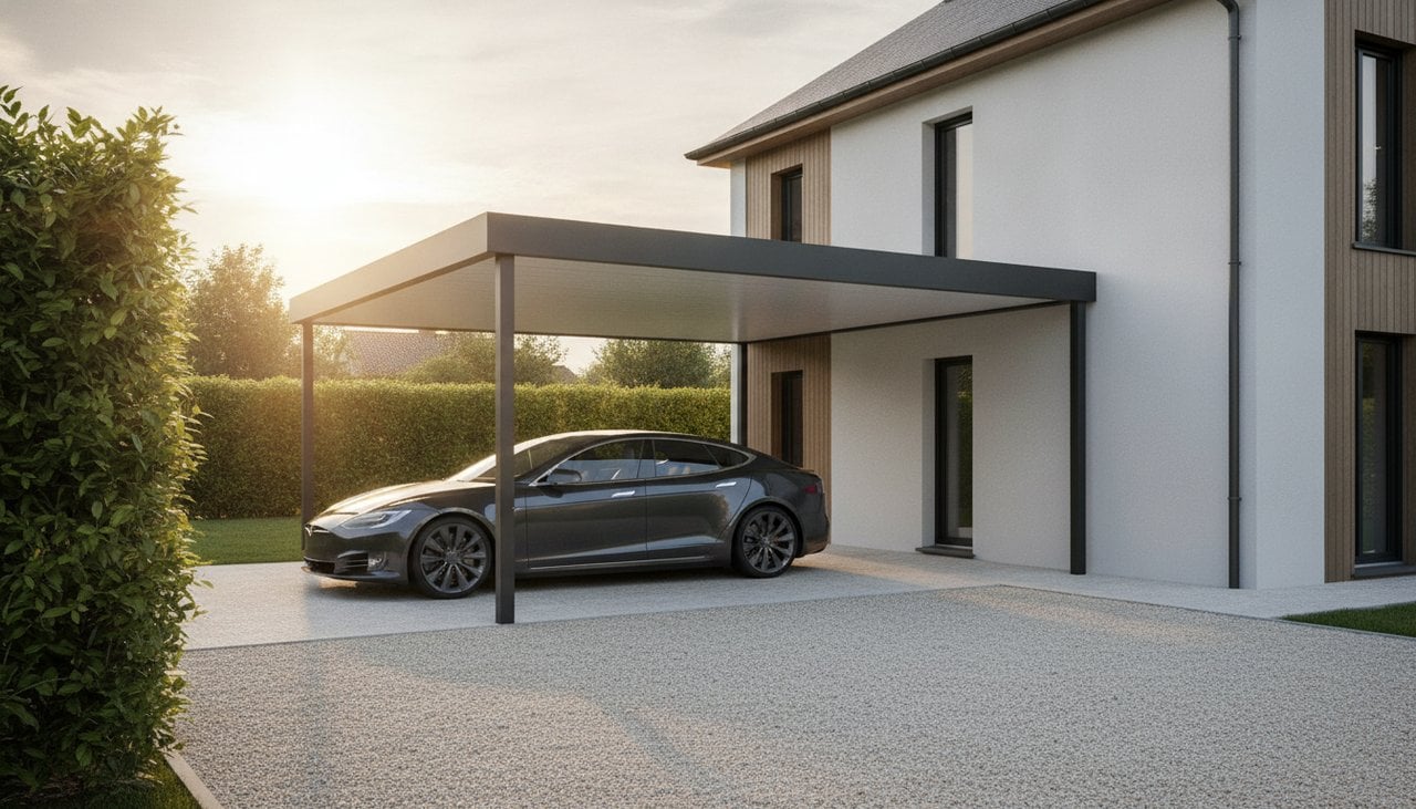 Carport aluminium anthracite toit plat devant une maison contemporaine