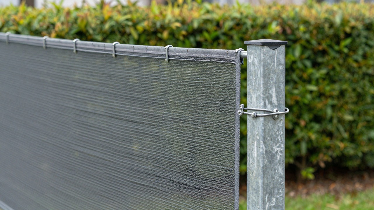 Panneau rigide anthracite fixé sur poteau métallique, détail de la clamp de fixation