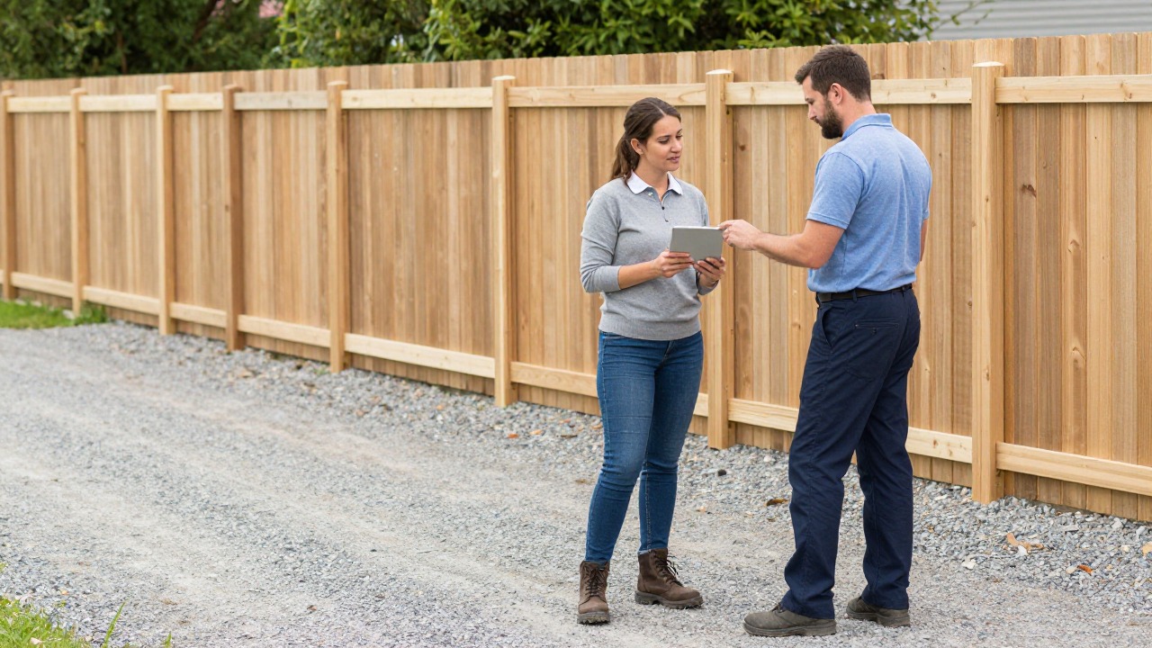 Propriétaire et poseur comparant un devis de clôture sur le chantier