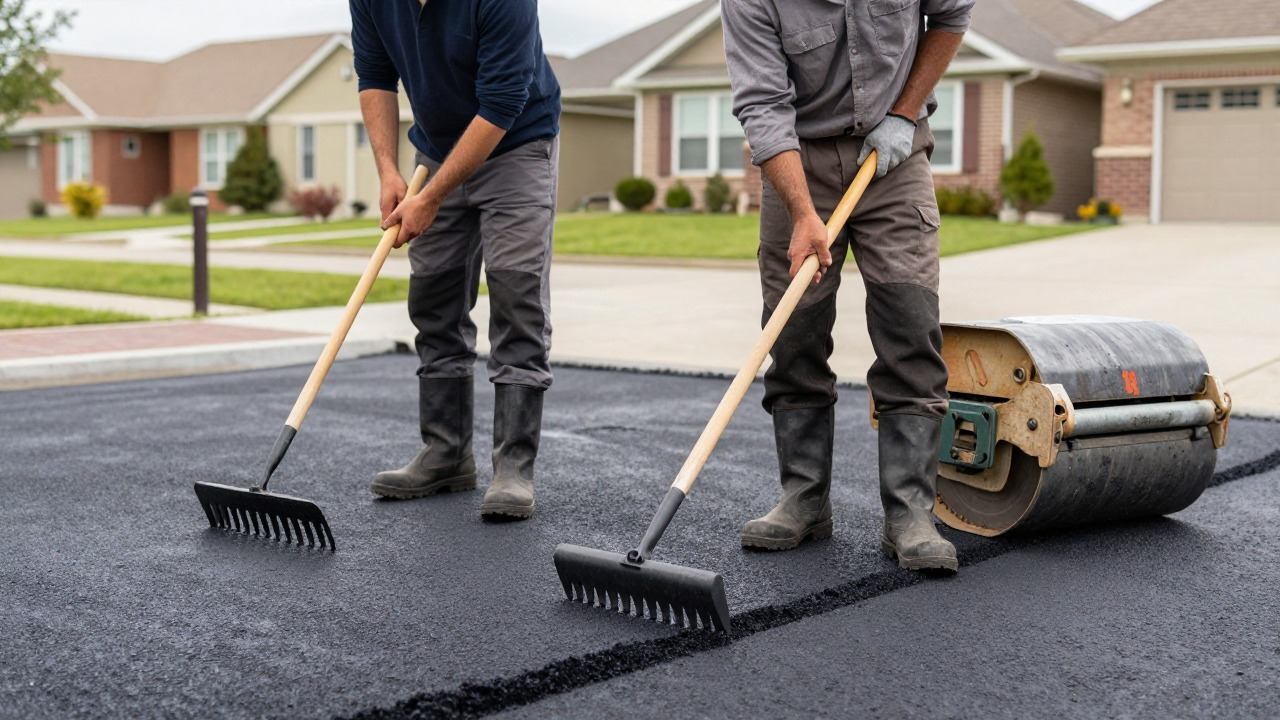 Pose d'enrobé sur une allée de maison par deux ouvriers