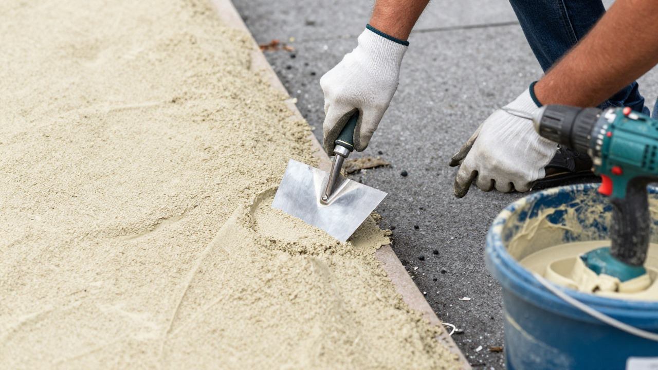 Application d'un gravillon lié à la résine sur une allée de jardin