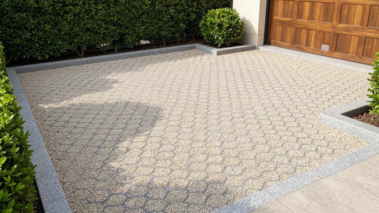 Cour gravillonnée stabilisée avec bordures en granit devant un garage