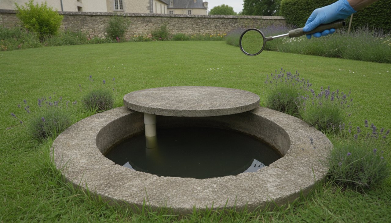Regard de visite d'une fosse toutes eaux ouvert lors d'un contrôle d'assainissement
