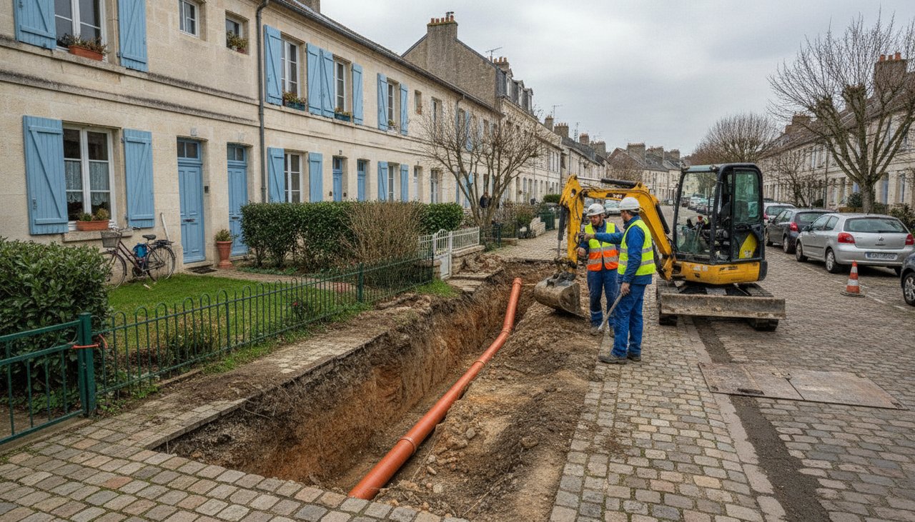 Tranchée de raccordement au tout-à-l'égout devant une maison individuelle
