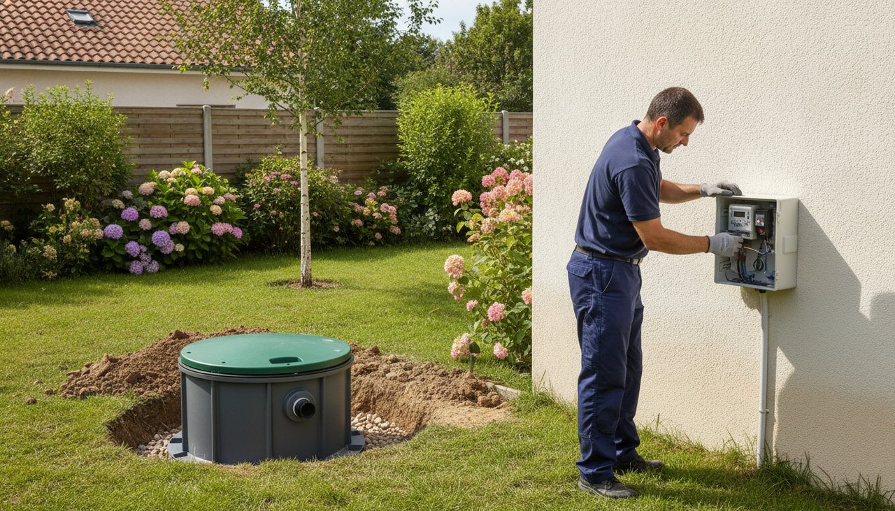 Micro-station d'épuration installée dans un jardin lors d'une mise en conformité d'assainissement