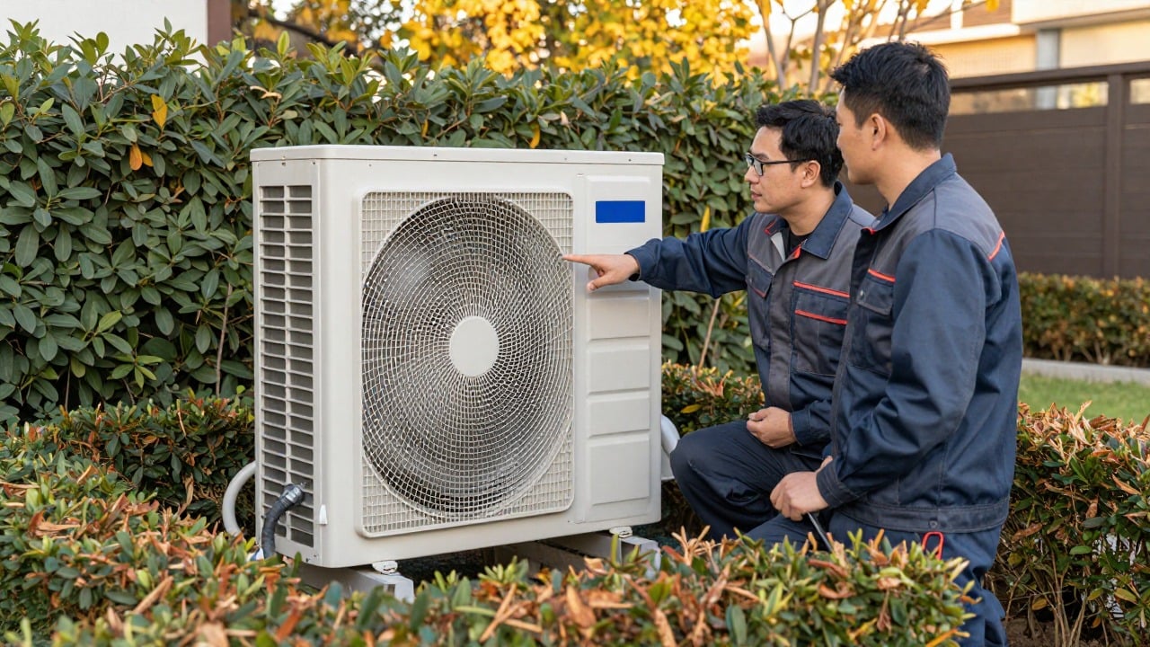 A homeowner and a technician standing in a garden in front of an outdoor heat pump unit surrounded by trimmed shrubs, the technician pointing at the fan grille while explaining, late afternoon autumn light