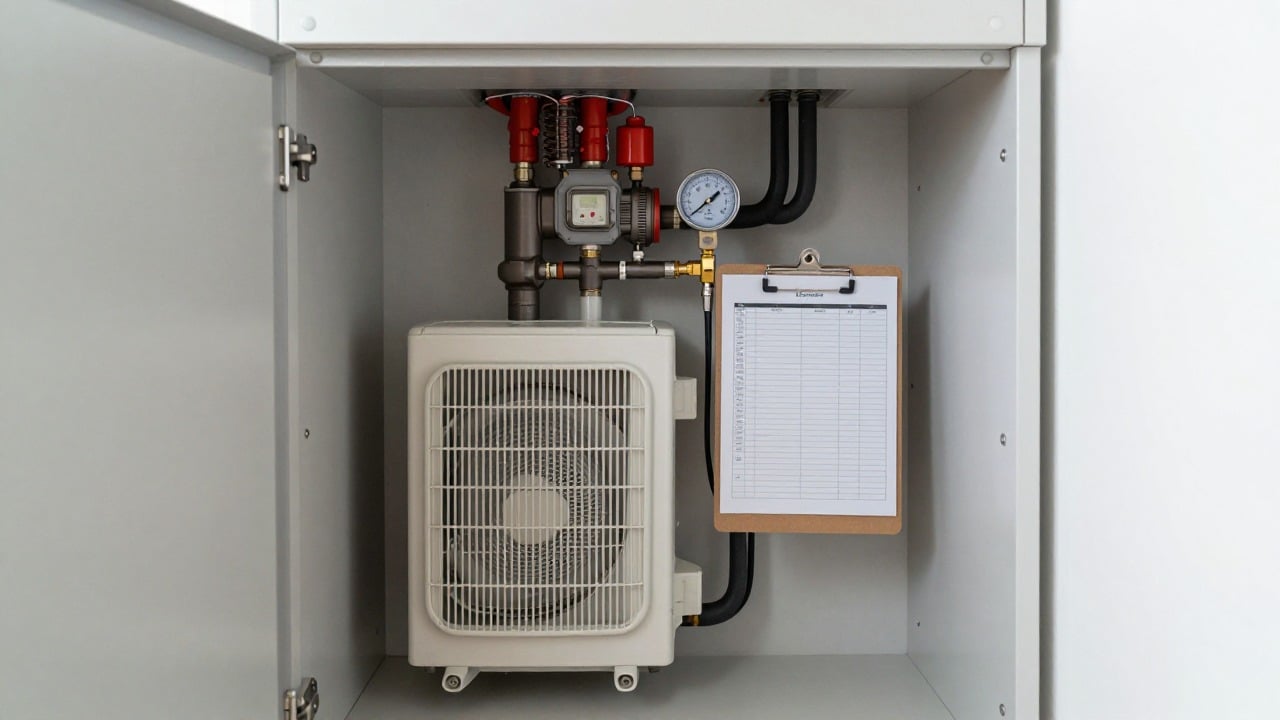 An indoor technical cupboard in a French home with a white heat pump hydraulic module, circulation pump, expansion vessel and pressure gauge reading around 1.5 bar, a clipboard with a maintenance checklist hanging on the pipe