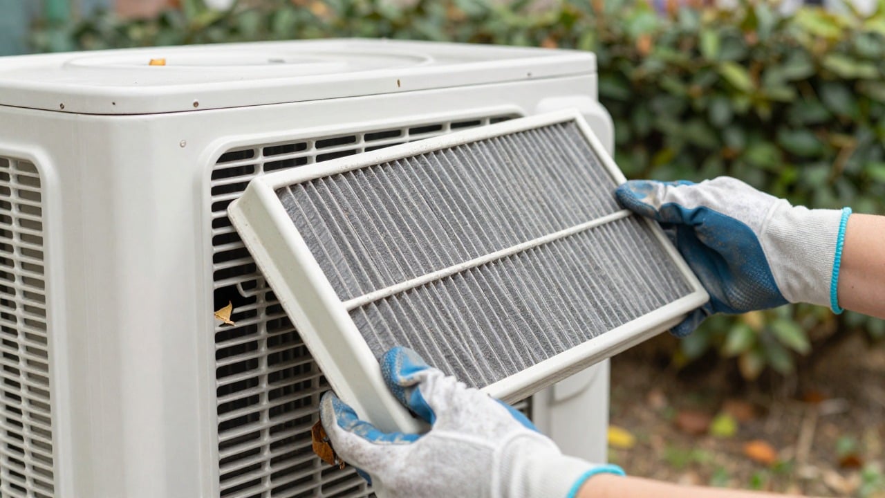 Close-up of two gloved hands sliding a dusty rectangular air filter out of the side panel of a residential heat pump outdoor unit, fallen leaves and dust visible on the metal fins, garden hedge blurred in the background