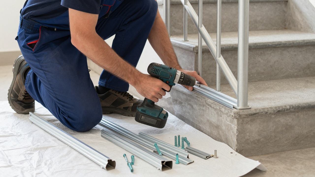 Installation du rail d'un monte-escalier électrique sur les marches