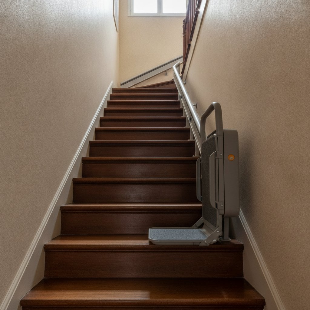 Plateforme monte-escalier debout installée sur un escalier droit intérieur