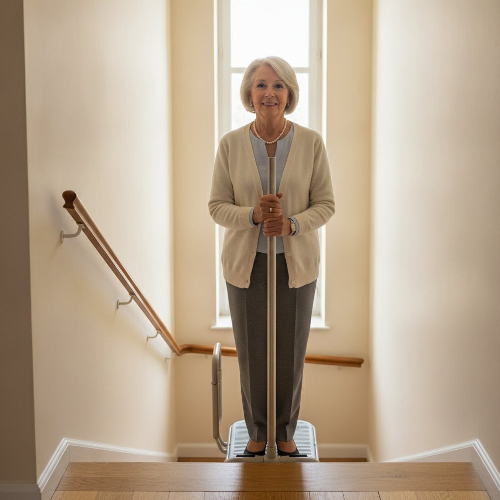 Senior utilisant un monte-escalier debout en se tenant à la barre de maintien