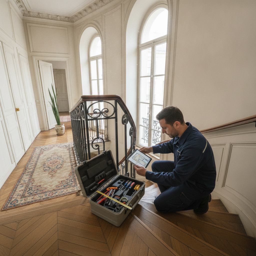 Technicien mesurant un escalier étroit avant installation d une plateforme monte-escalier
