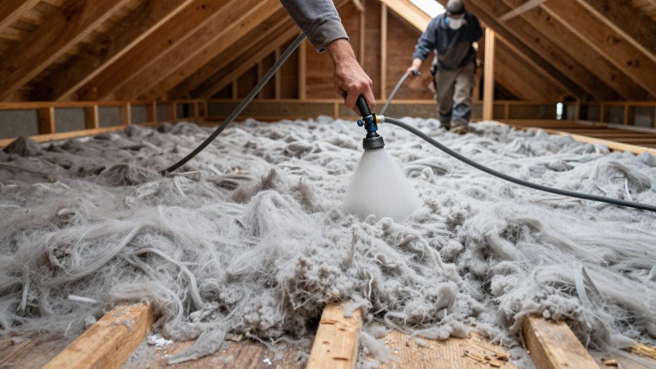 Ouate de cellulose soufflée au tuyau sur le plancher de combles perdus, isolant épais couvrant les solives