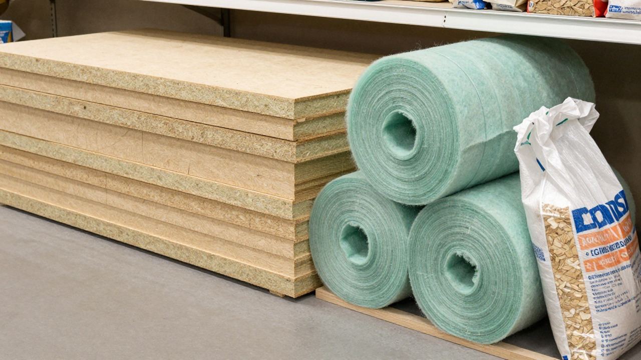 Panneaux de fibre de bois, rouleaux de laine minérale et sac de ouate, isolants pour combles en magasin