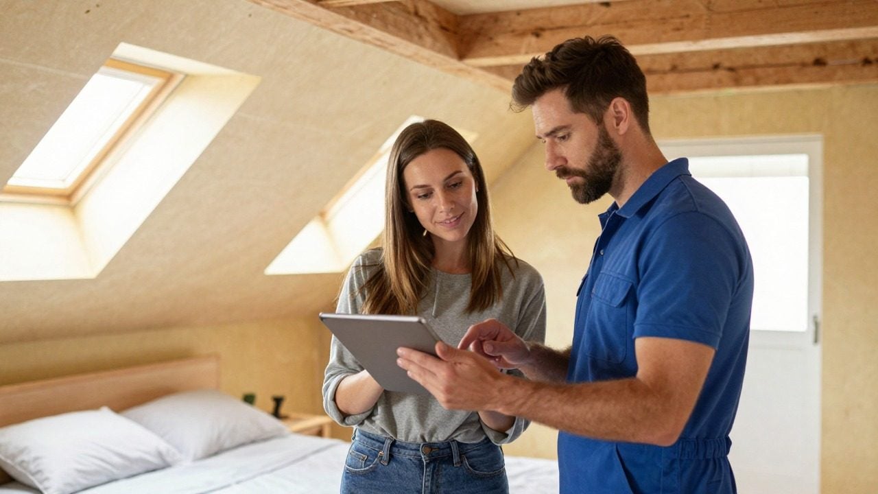 Couple et artisan isolation comparant des devis sur tablette dans une chambre sous combles aménagés