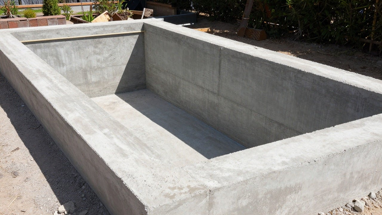 Chantier de mini piscine béton en parpaings avec radier coulé dans un jardin