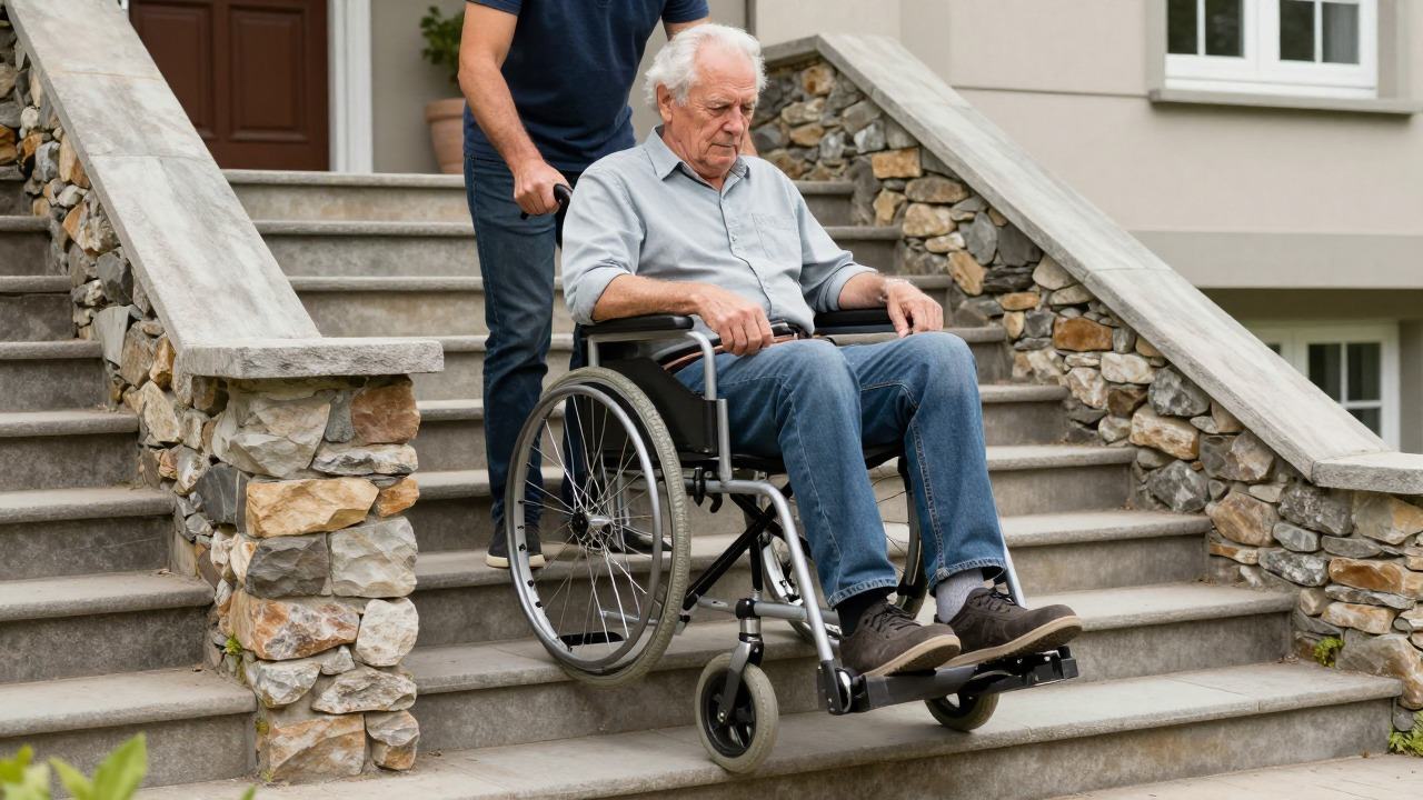 Aidant guidant un fauteuil roulant équipé d'un monte-escalier mobile sur un escalier extérieur