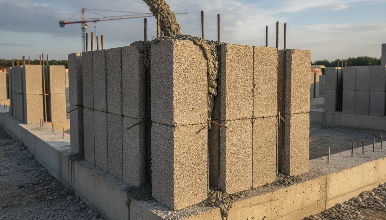 Blocs à bancher avec ferraillage vertical avant coulage du béton