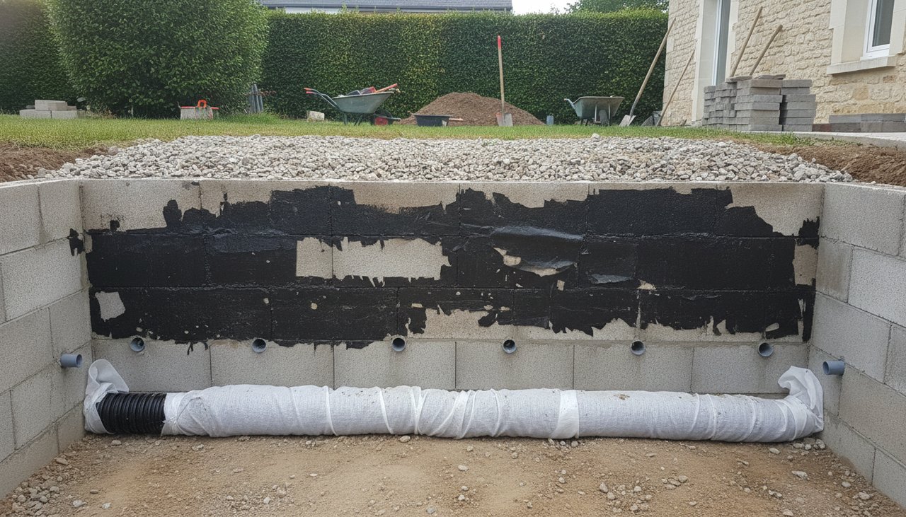Drainage à l'arrière d'un mur de soutènement en parpaing : drain, gravier et géotextile