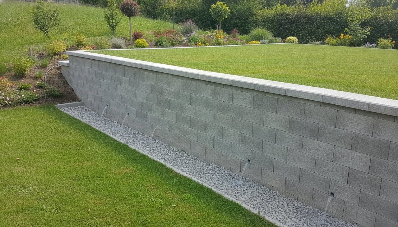 Mur de soutènement en parpaing dans un jardin en pente