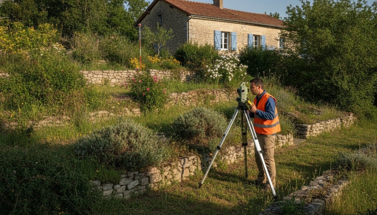 Géomètre relevant les cotes d'un terrain en pente pour un dossier de déclaration préalable