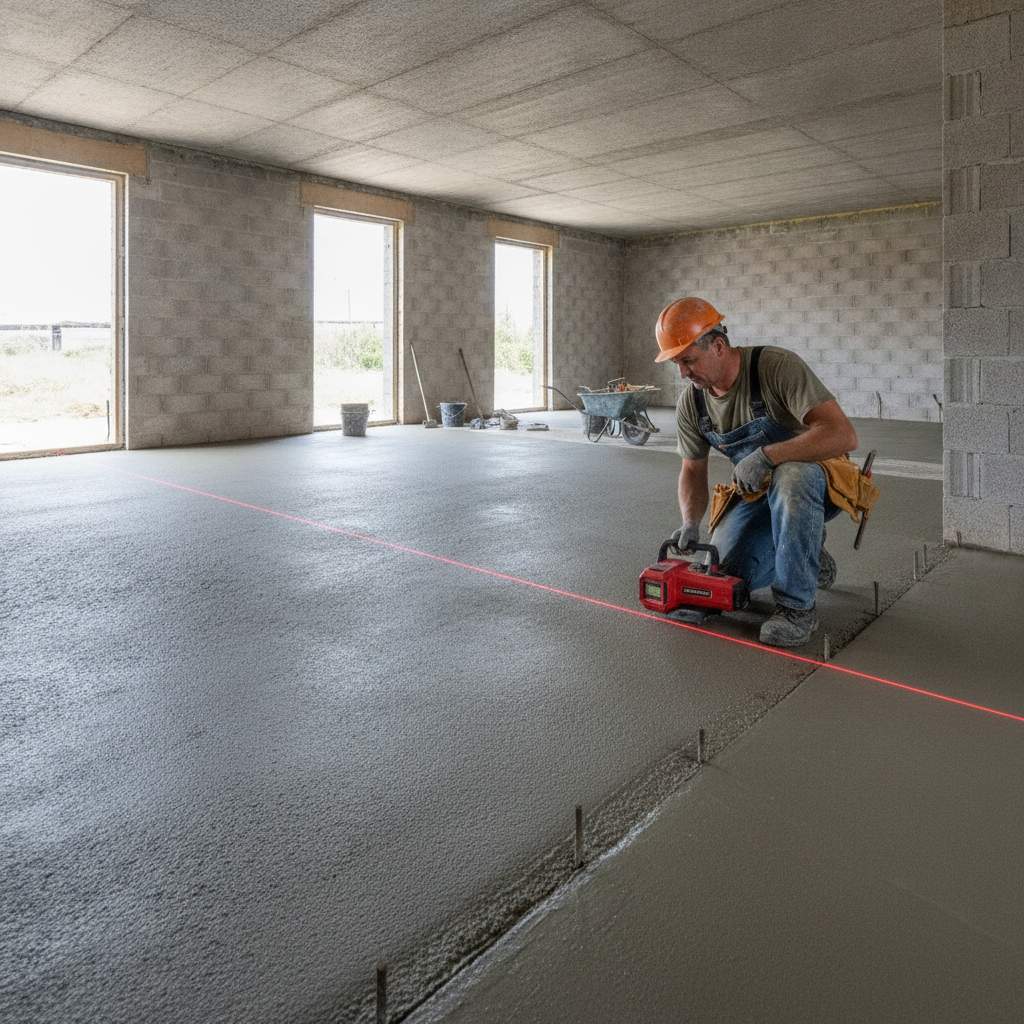 Ouvrier vérifiant la planéité d'une chape béton au niveau laser
