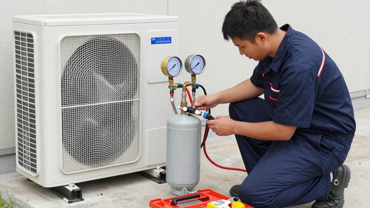 Technicien contrôlant la pression du circuit frigorifique d'une pompe à chaleur air-eau
