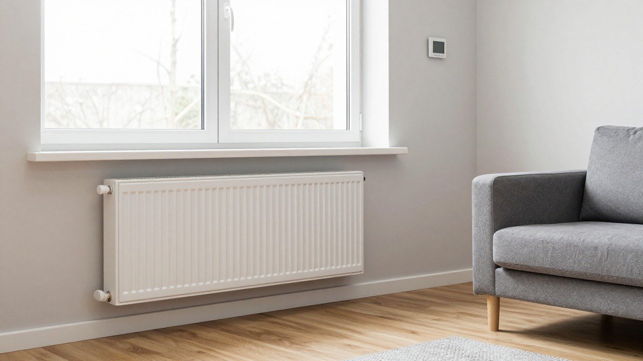 Salon chauffé par un radiateur basse température relié à une PAC air-eau réversible