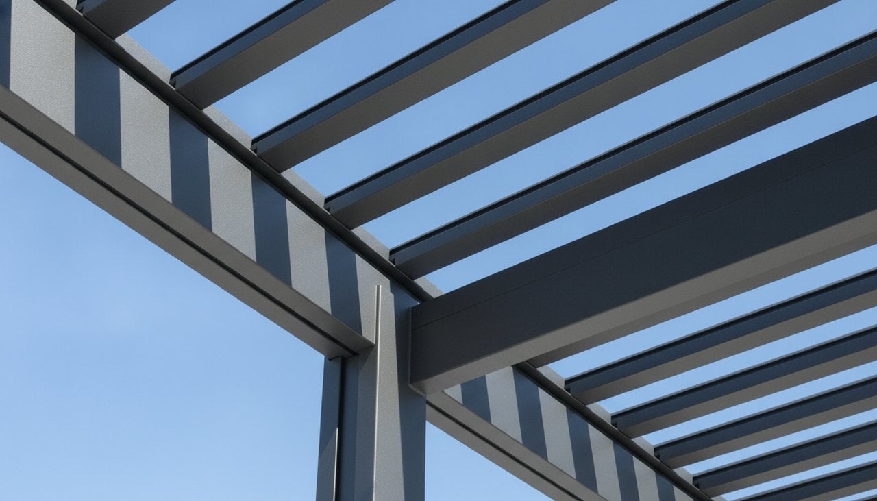 Gros plan sur les lames orientables en aluminium d'une pergola bioclimatique