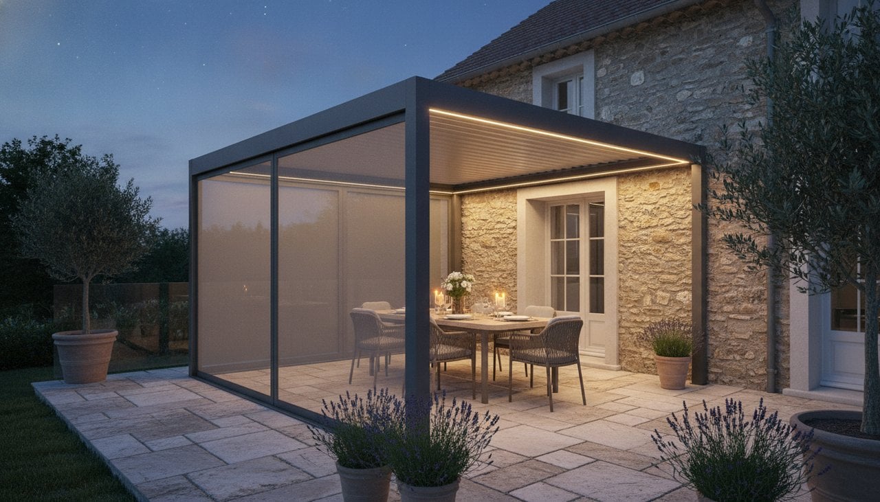 Pergola bioclimatique adossée avec stores latéraux et éclairage LED sur une terrasse