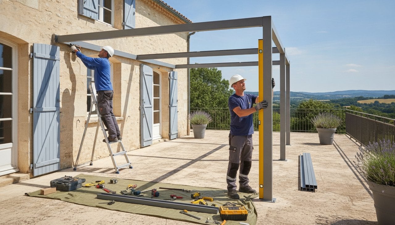 Deux artisans installant une pergola bioclimatique aluminium sur une terrasse