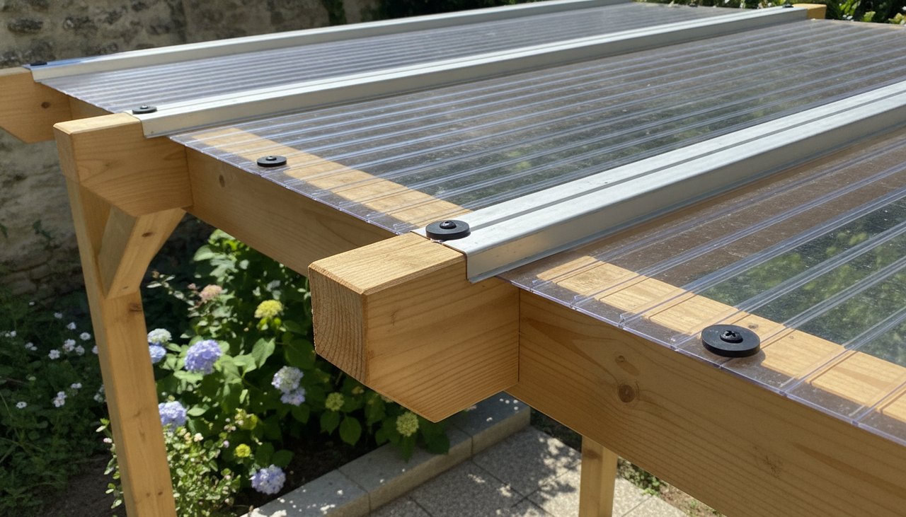 Plaques de polycarbonate alvéolaire posées sur une pergola bois 3x3